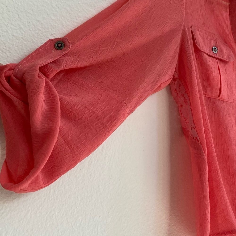Womens Orange Sheer Tie Front Button Up Lace Back in size Medium - Picture 5 of 7